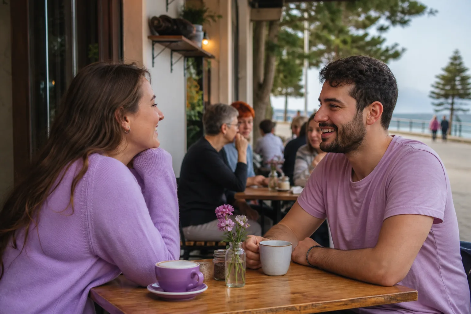 Two people talking over coffee in a Somerset town centre