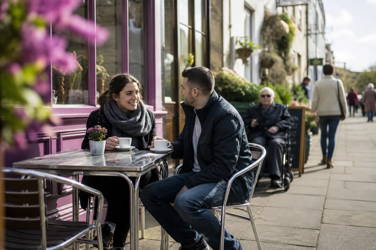 Two people talking over coffee on a relaxed first date in Yeovil