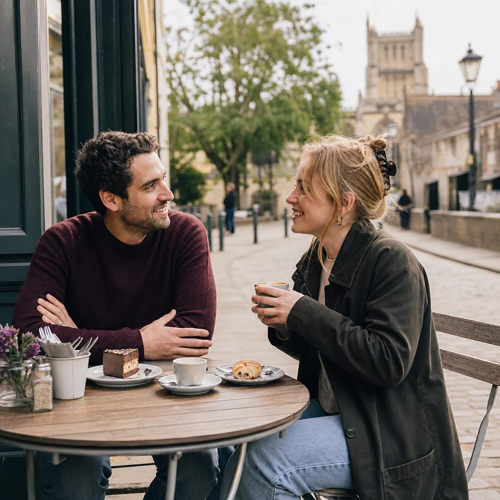 Two adults meeting in daylight outside a busy Somerset pub